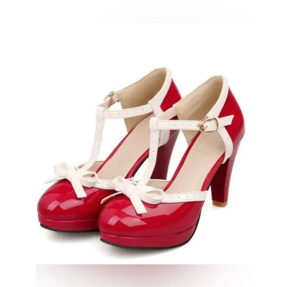 ALLEGRA K Red pinup Mary Jane’s Patent Platform Chunky platform Pumps Heels 8